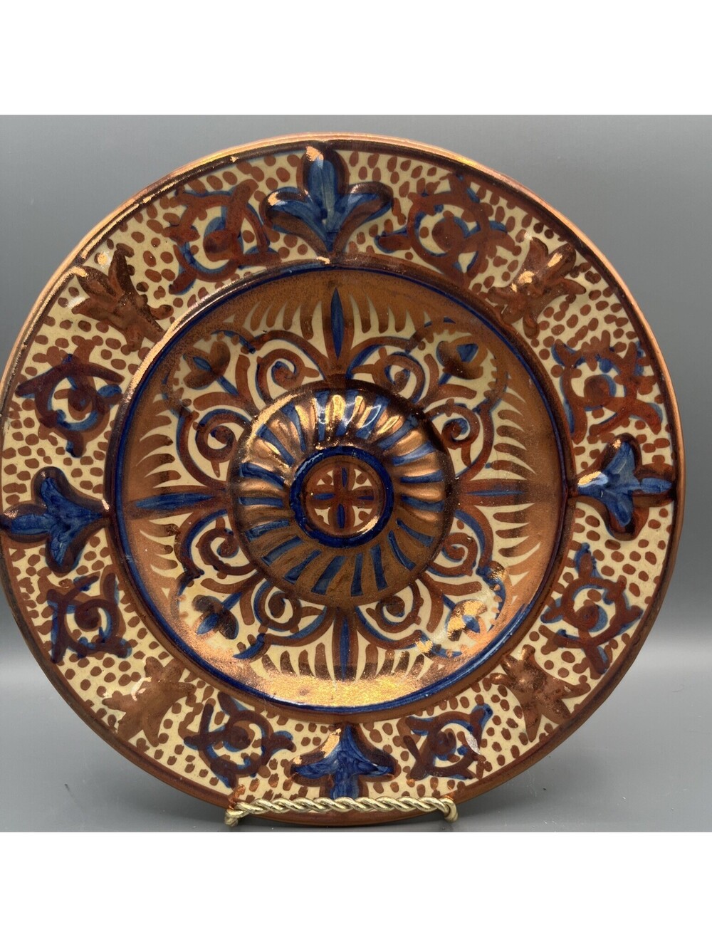 Hispano Moresque Spanish Copper & Blue Luster Raised Center Platter Manises 9.5
